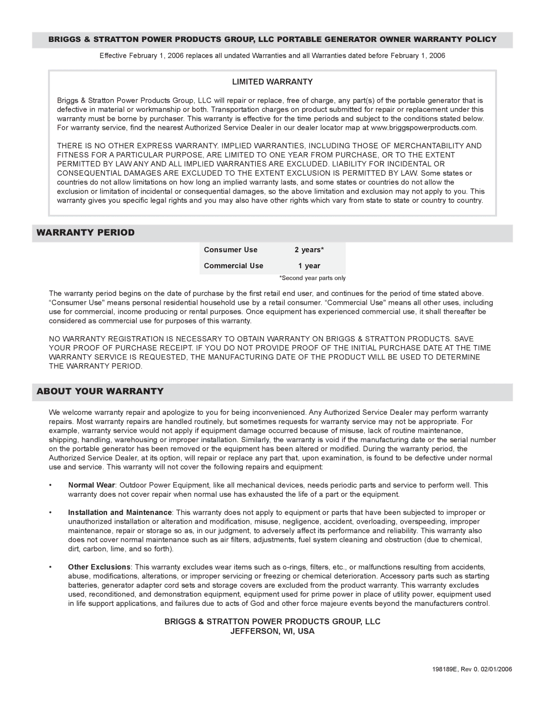 Briggs & Stratton 030255, 030249 manual Warranty Period, Limited Warranty 