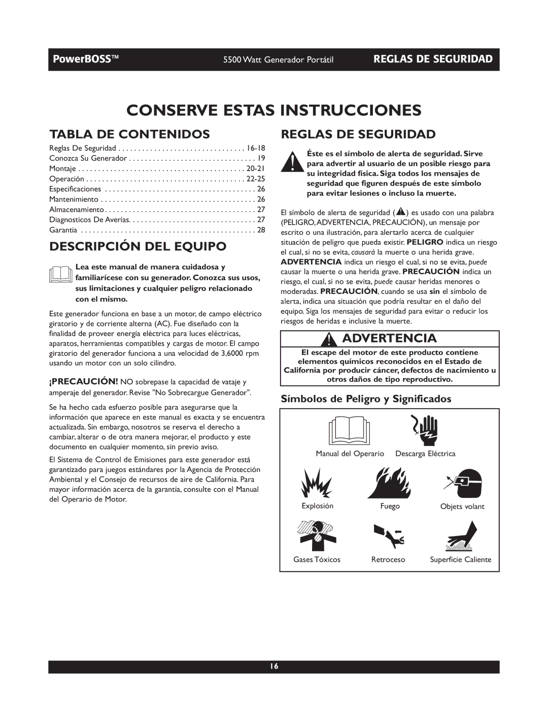 Briggs & Stratton 030249 Conserve Estas Instrucciones, Tabla DE Contenidos, Descripción DEL Equipo, Reglas DE Seguridad 