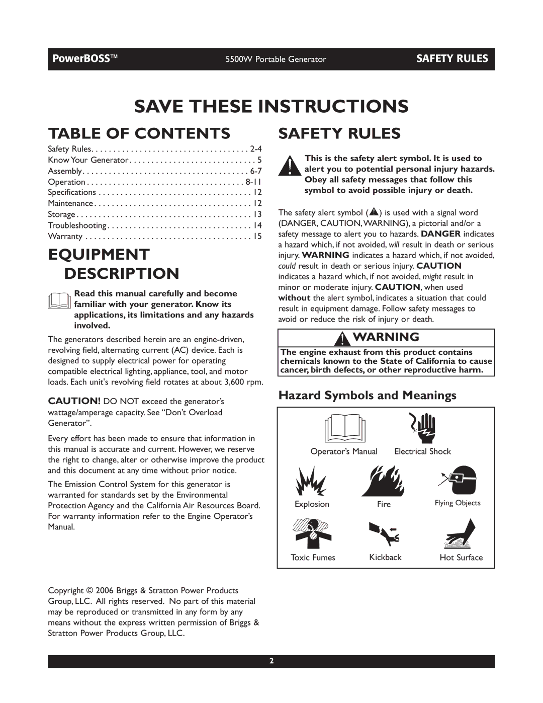 Briggs & Stratton 030249, 030255 manual Table of Contents, Equipment Description, Safety Rules 