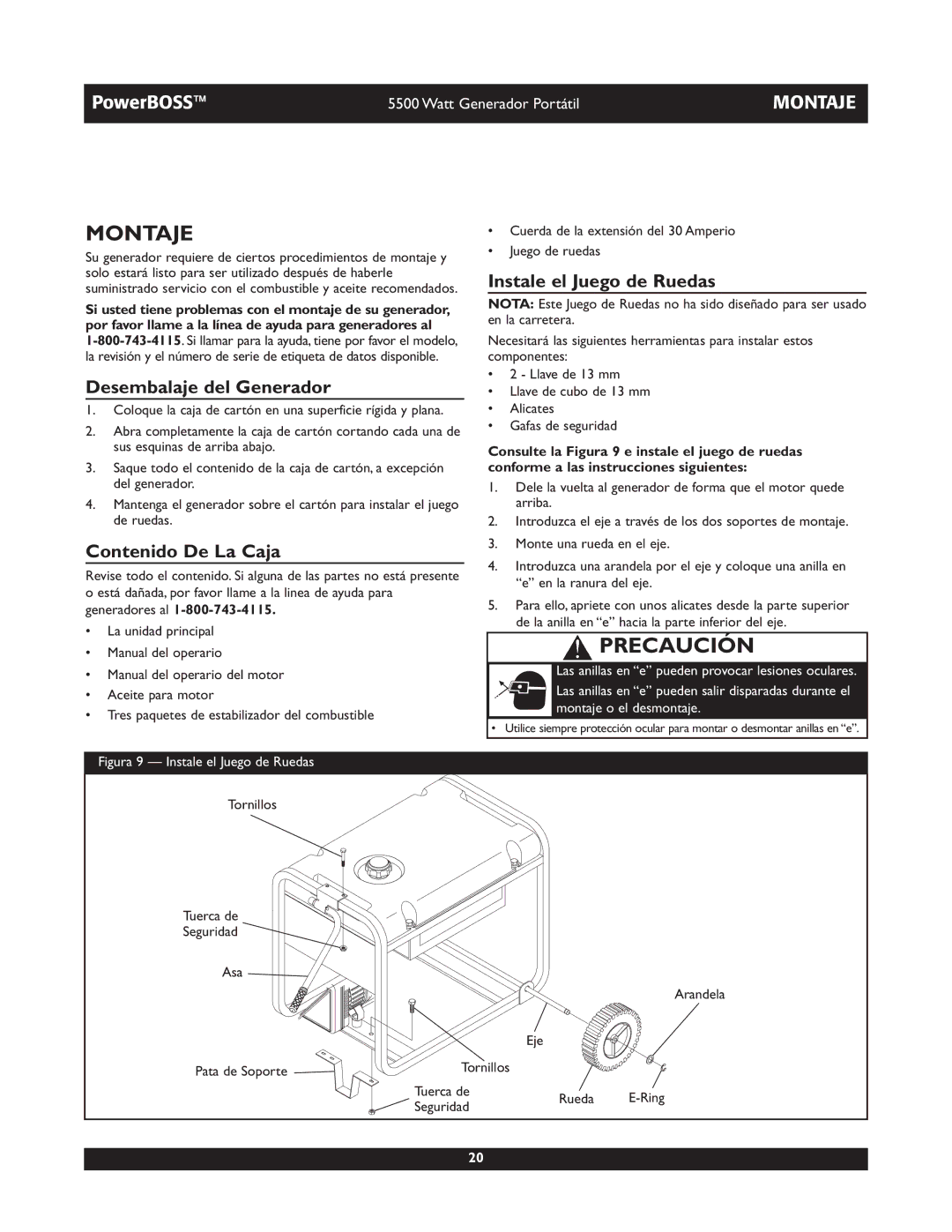 Briggs & Stratton 030249, 030255 manual Montaje, Desembalaje del Generador, Contenido De La Caja, Instale el Juego de Ruedas 