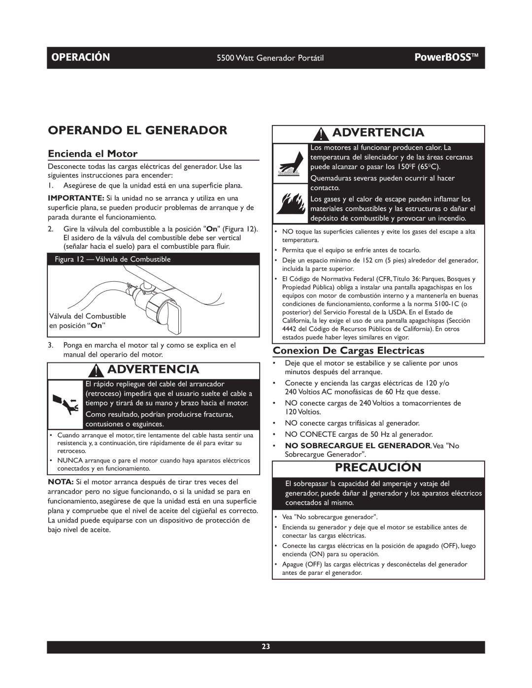 Briggs & Stratton 030255, 030249 manual Operando EL Generador, Encienda el Motor, Conexion De Cargas Electricas 