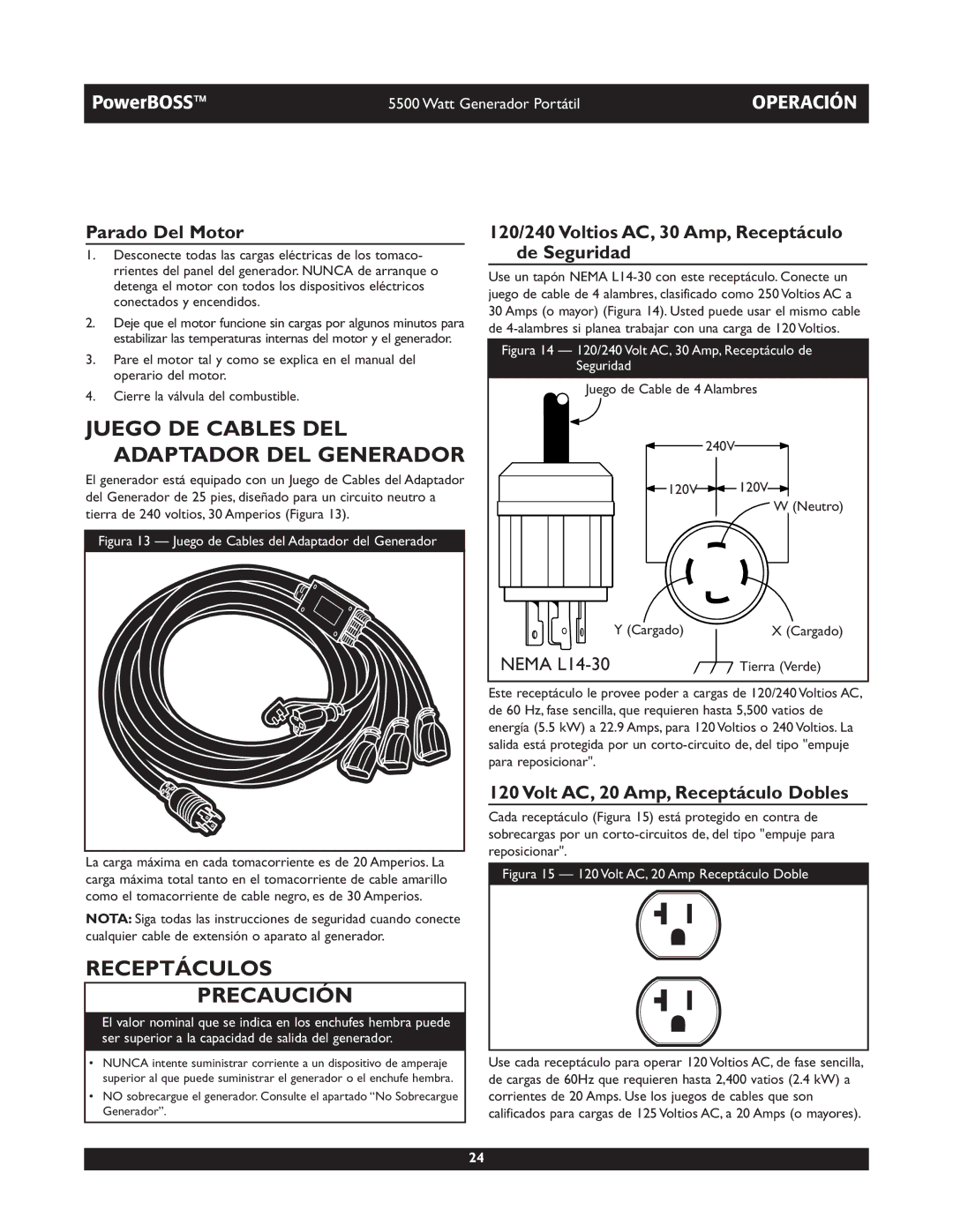 Briggs & Stratton 030249, 030255 Juego DE Cables DEL Adaptador DEL Generador, Receptáculos Precaución, Parado Del Motor 