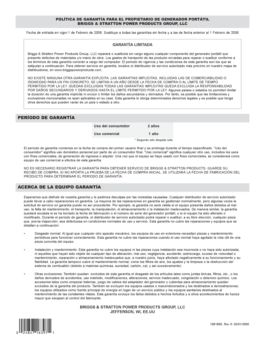 Briggs & Stratton 030249, 030255 manual Período DE Garantía, Garantía Limitada 