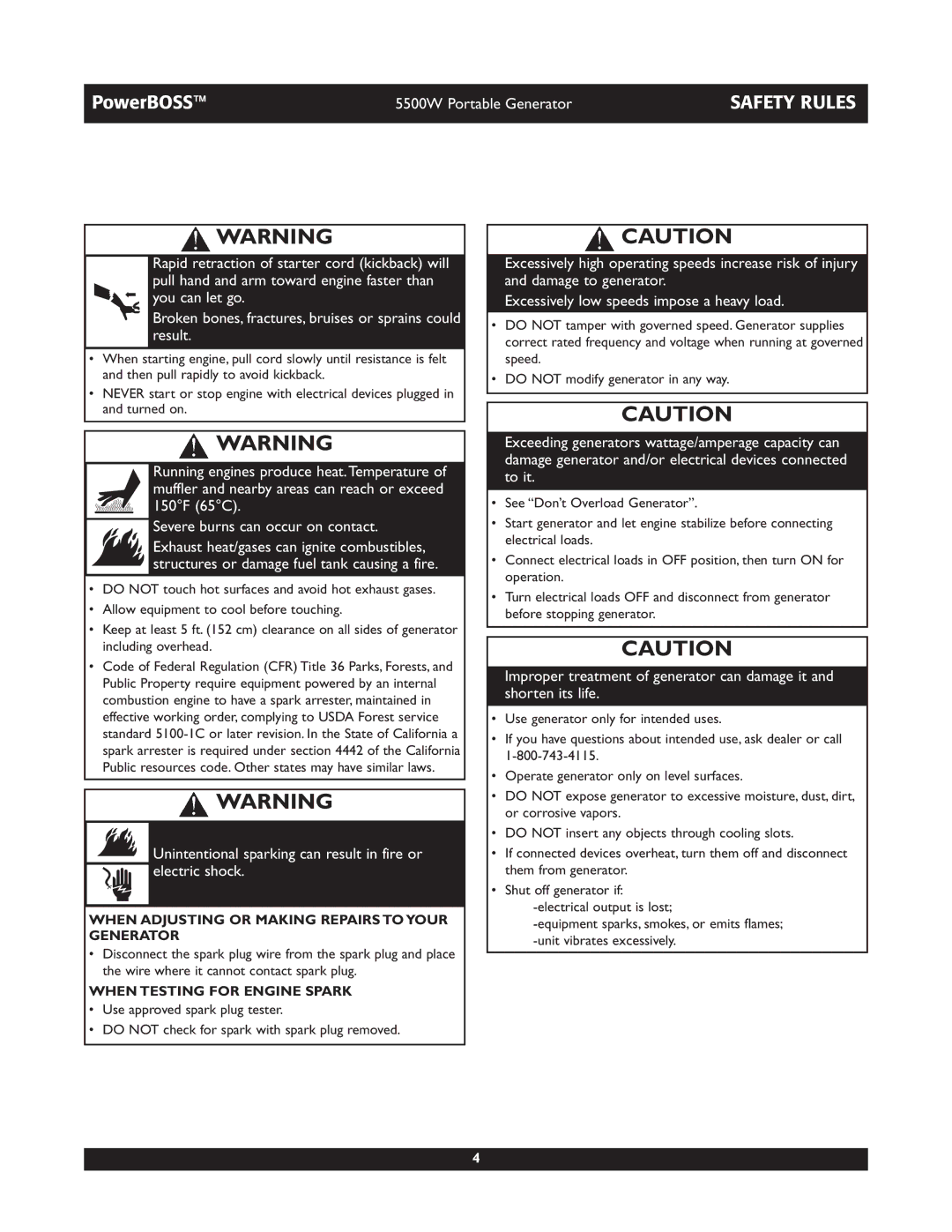 Briggs & Stratton 030249, 030255 manual When Adjusting or Making Repairs to Your Generator, When Testing for Engine Spark 