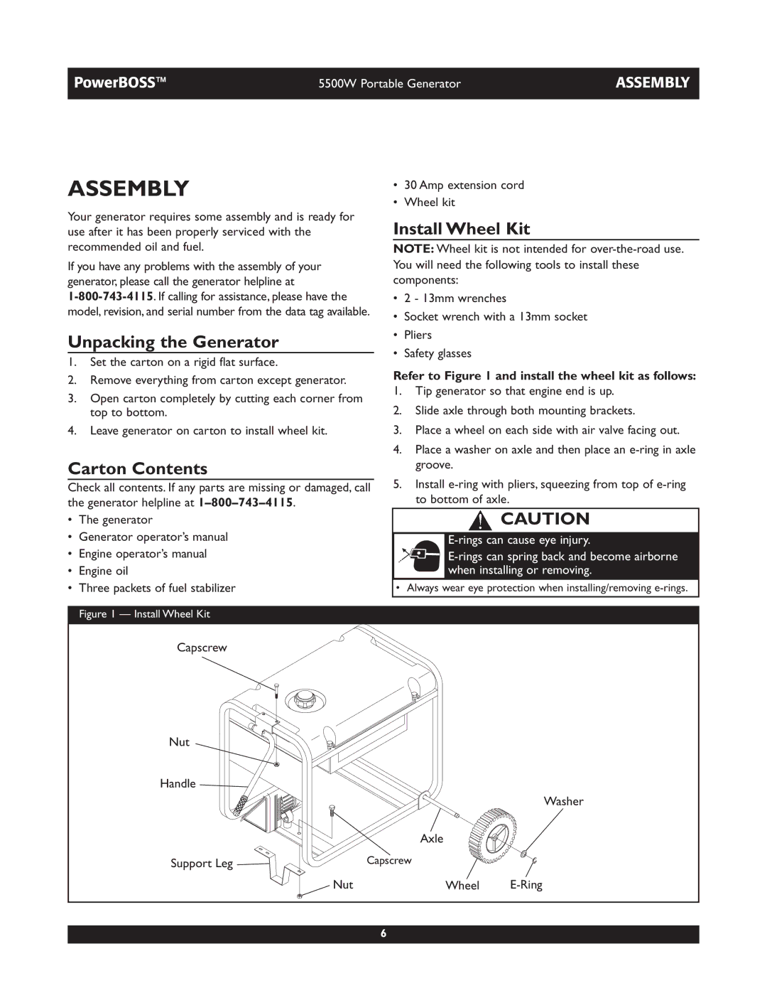 Briggs & Stratton 030249, 030255 manual Assembly, Unpacking the Generator, Carton Contents, Install Wheel Kit 