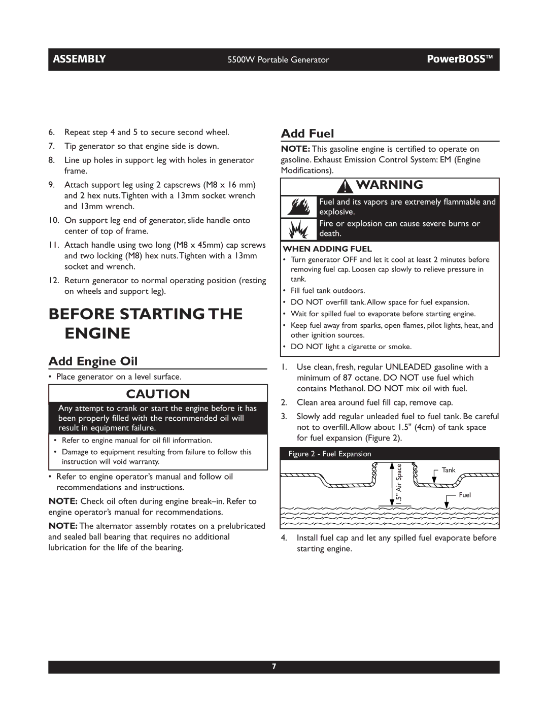 Briggs & Stratton 030255, 030249 manual Before Starting the Engine, Add Engine Oil, Add Fuel, When Adding Fuel 