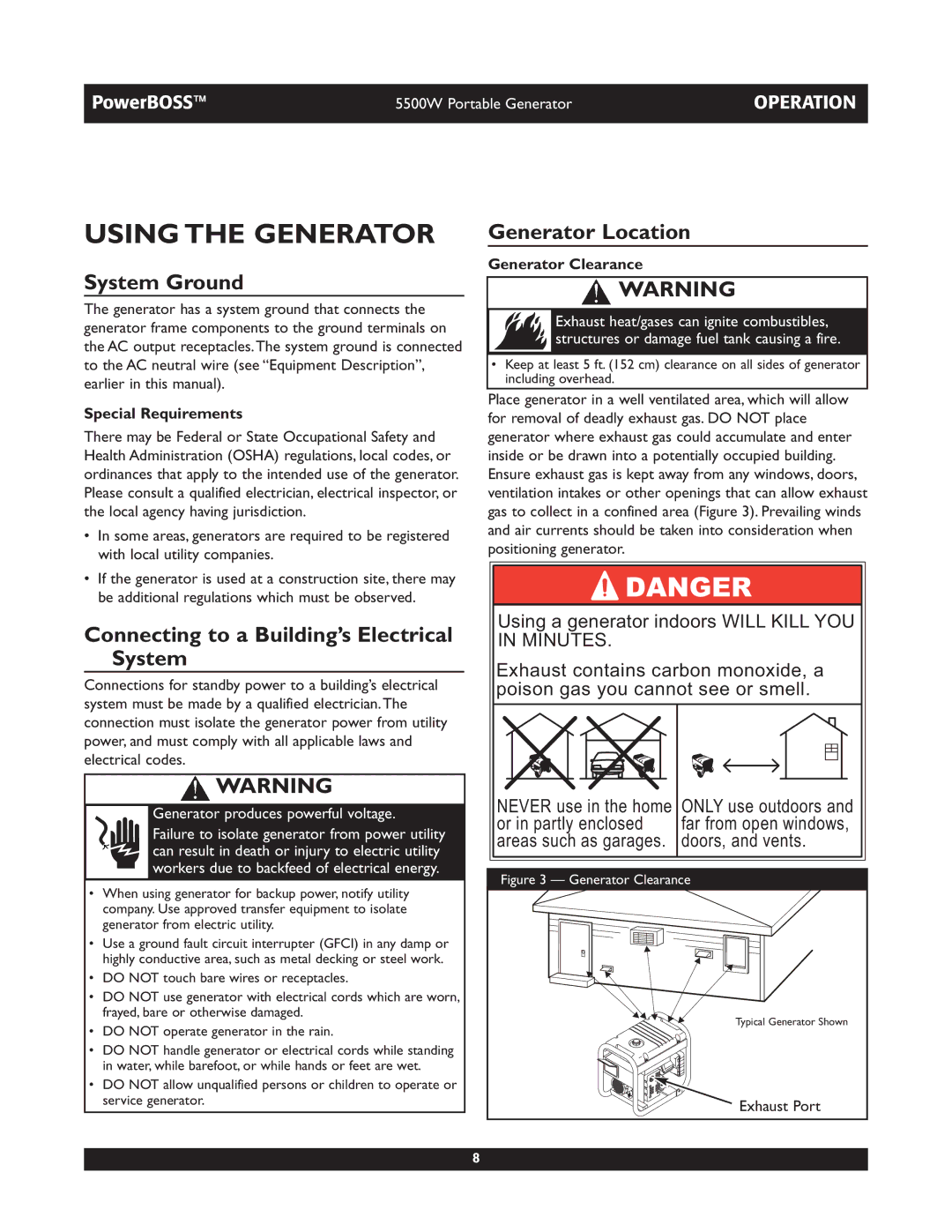 Briggs & Stratton 030249, 030255 manual Using the Generator, System Ground, Connecting to a Building’s Electrical System 