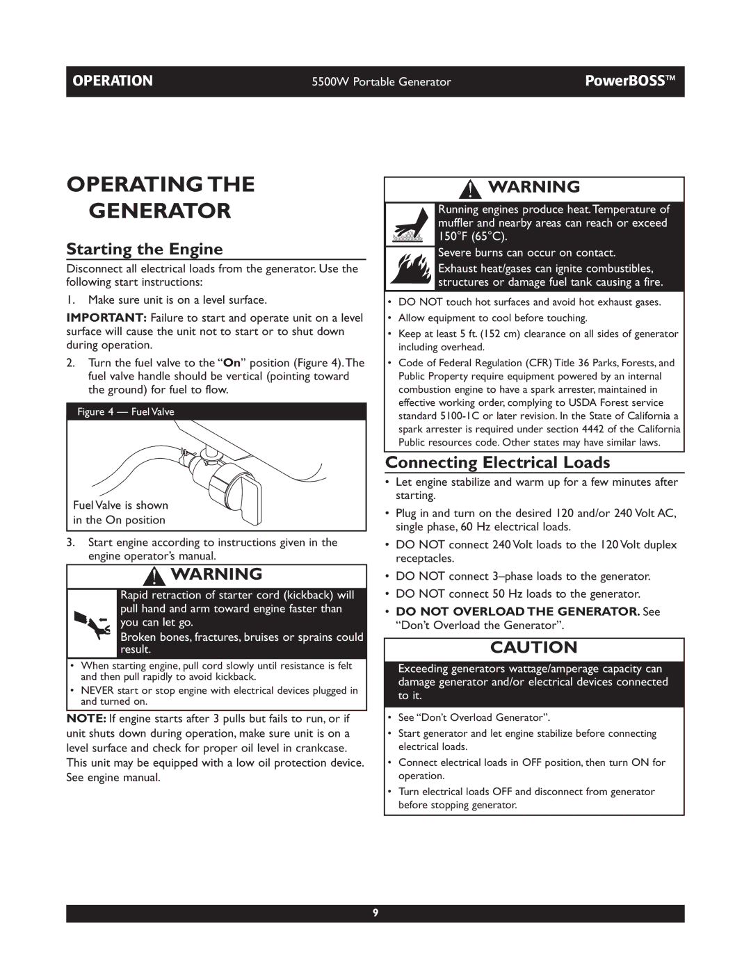 Briggs & Stratton 030255, 030249 manual Operating Generator, Starting the Engine, Connecting Electrical Loads 