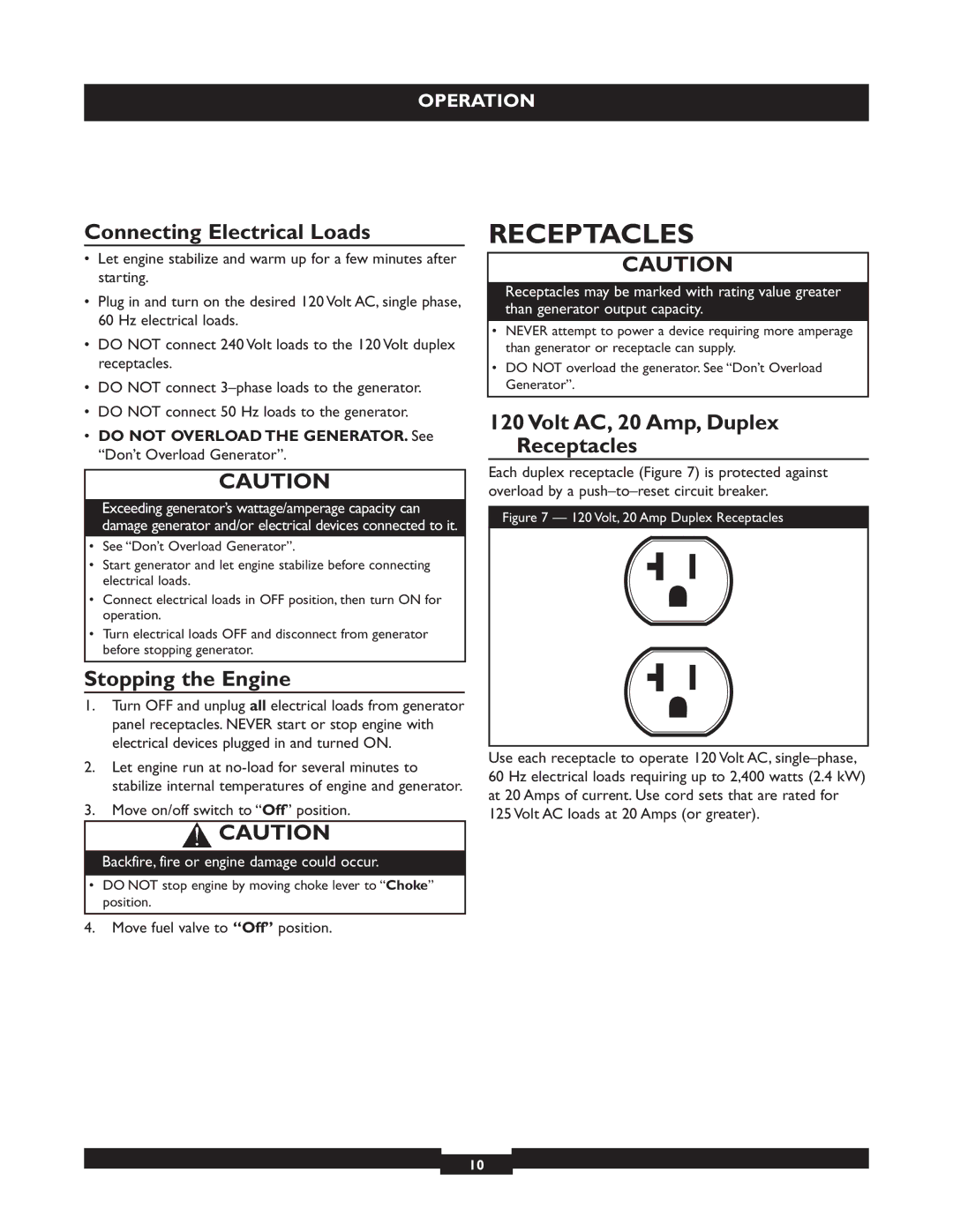 Briggs & Stratton 030319, 030320 operating instructions Receptacles, Connecting Electrical Loads, Stopping the Engine 