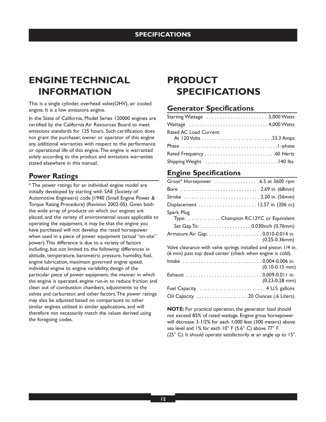 Briggs & Stratton 030319 Engine Technical Information, Product Specifications, Generator Specifications, Power Ratings 