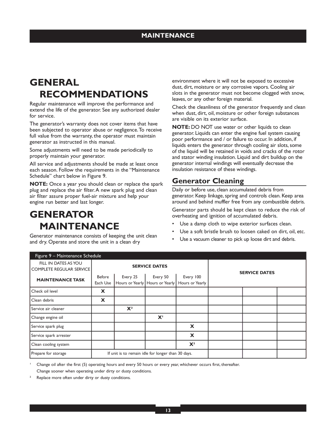 Briggs & Stratton 030320, 030319 operating instructions General Recommendations, Generator Maintenance, Generator Cleaning 