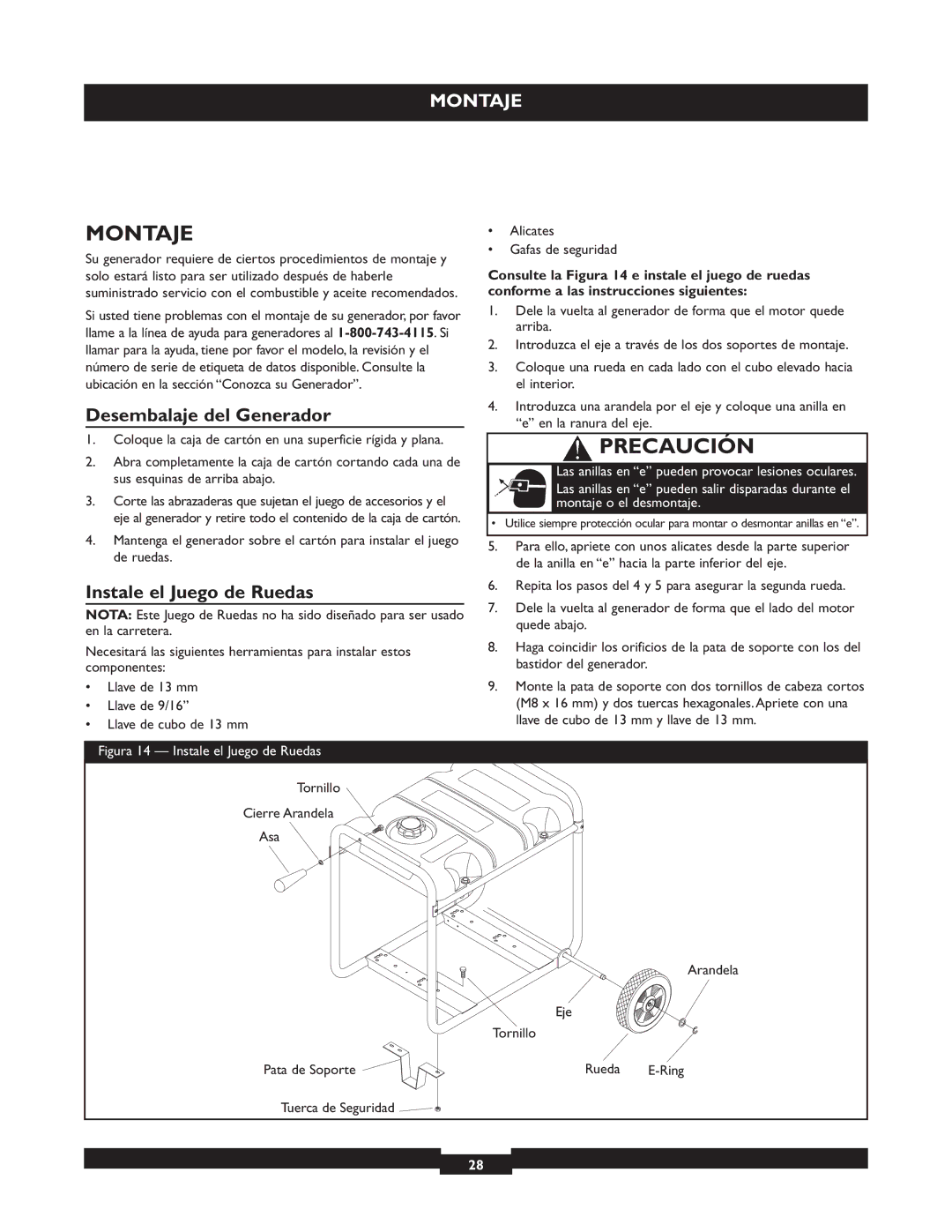 Briggs & Stratton 030319, 030320 operating instructions Montaje, Desembalaje del Generador, Instale el Juego de Ruedas 