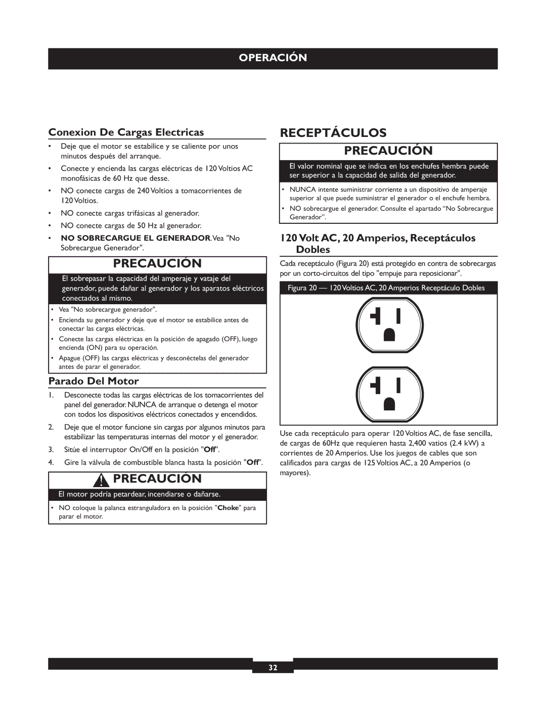 Briggs & Stratton 030319, 030320 Receptáculos Precaución, Conexion De Cargas Electricas, Parado Del Motor 