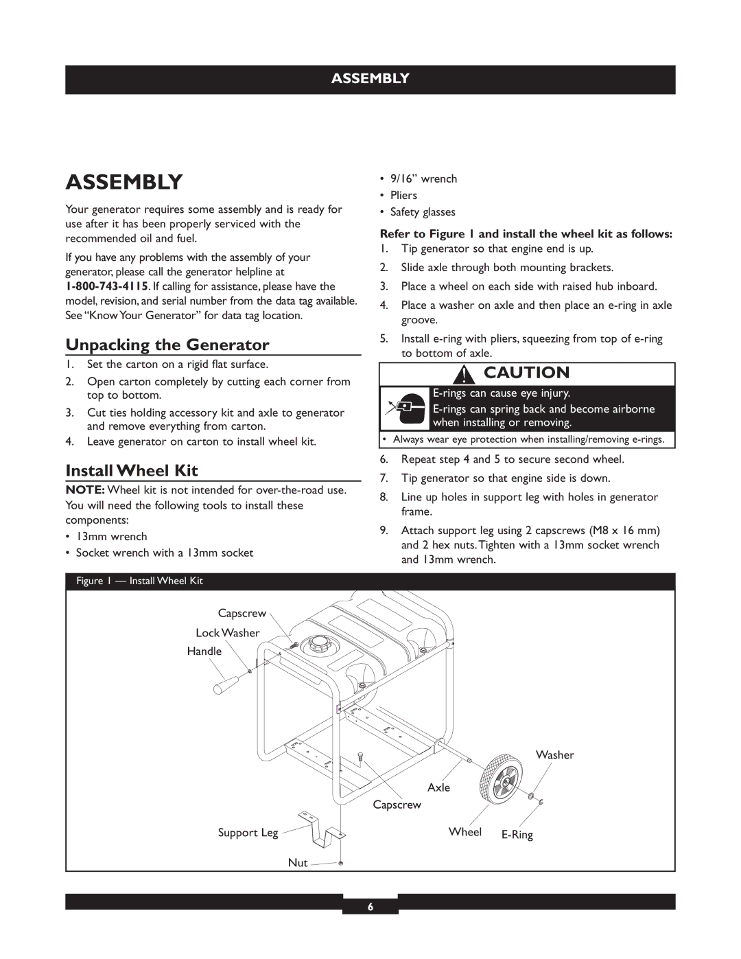 Briggs & Stratton 030319, 030320 operating instructions Assembly, Unpacking the Generator, Install Wheel Kit 