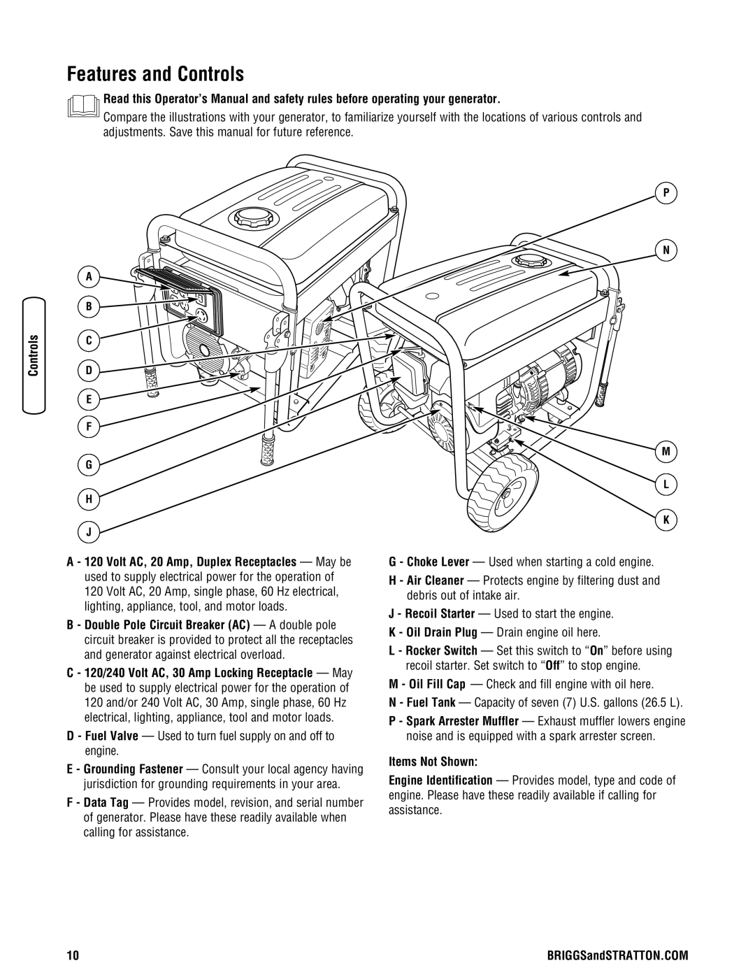 Briggs & Stratton 030333-0 manual Features and Controls, Volt AC, 20 Amp, Duplex Receptacles May be, Items Not Shown 