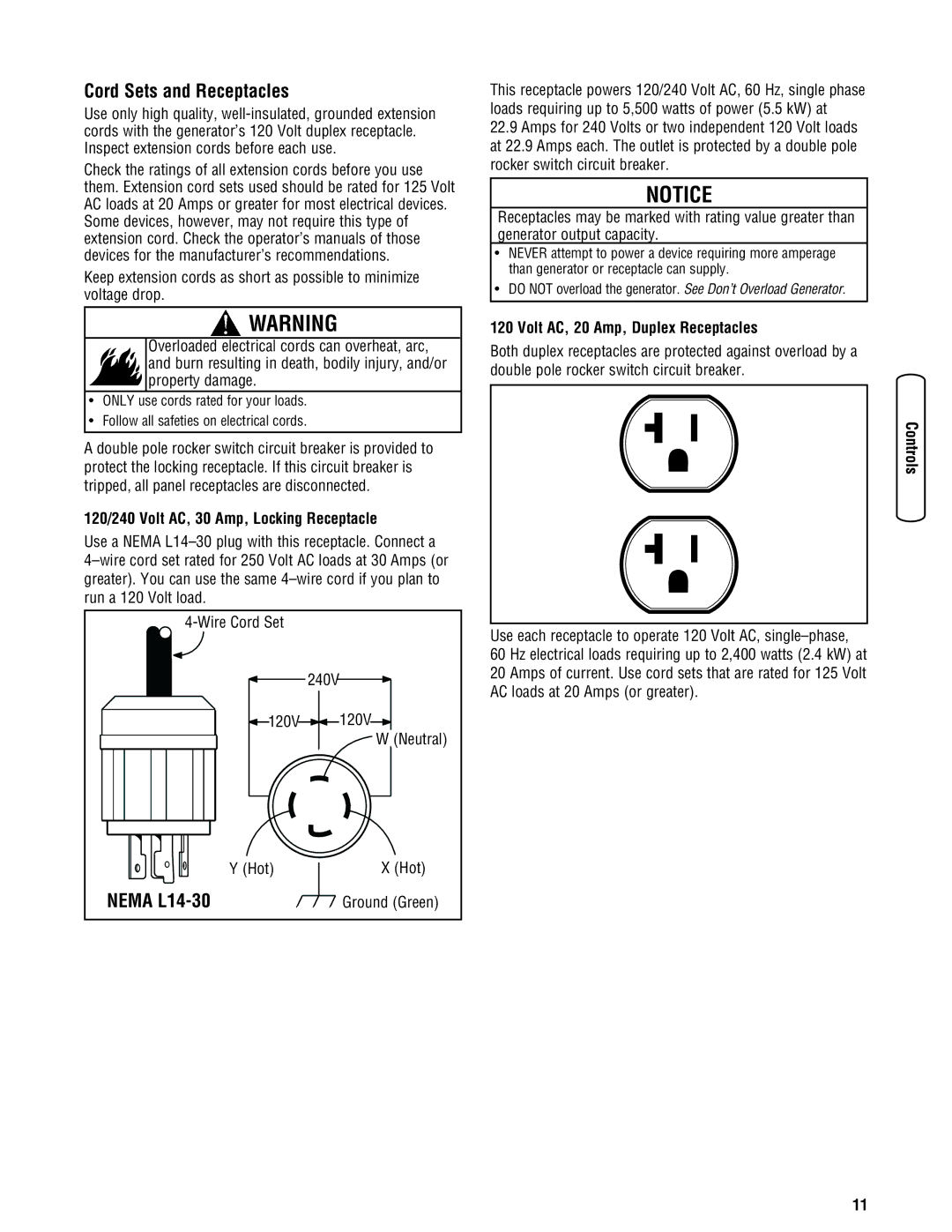 Briggs & Stratton 030333-0 manual Cord Sets and Receptacles, Nema L14-30, 120/240 Volt AC, 30 Amp, Locking Receptacle 