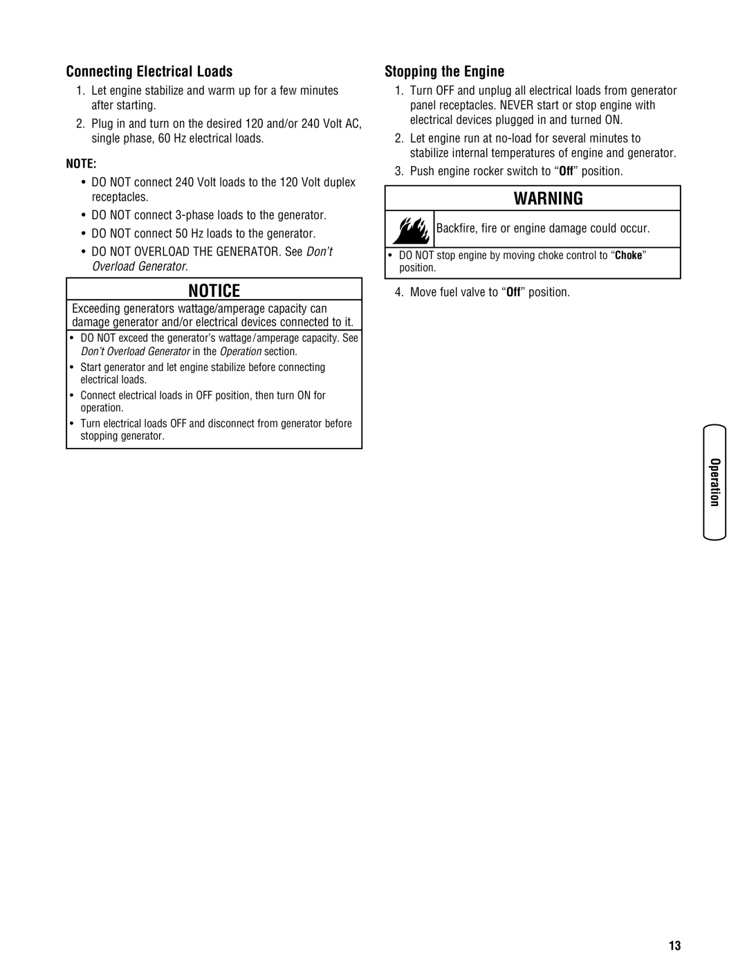 Briggs & Stratton 030333-0 manual Connecting Electrical Loads, Stopping the Engine, Move fuel valve to Off position 