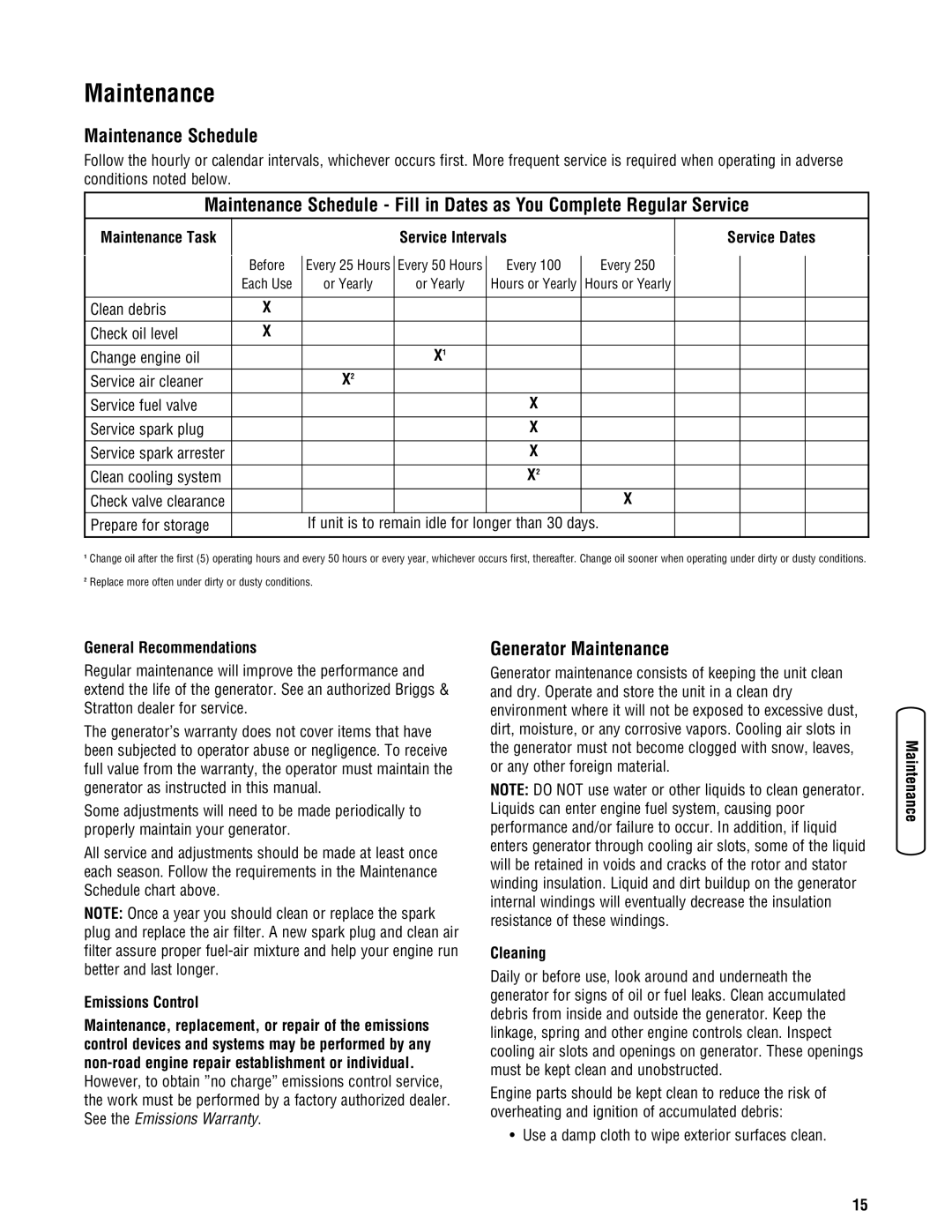 Briggs & Stratton 030333-0 manual Maintenance Schedule, Generator Maintenance 