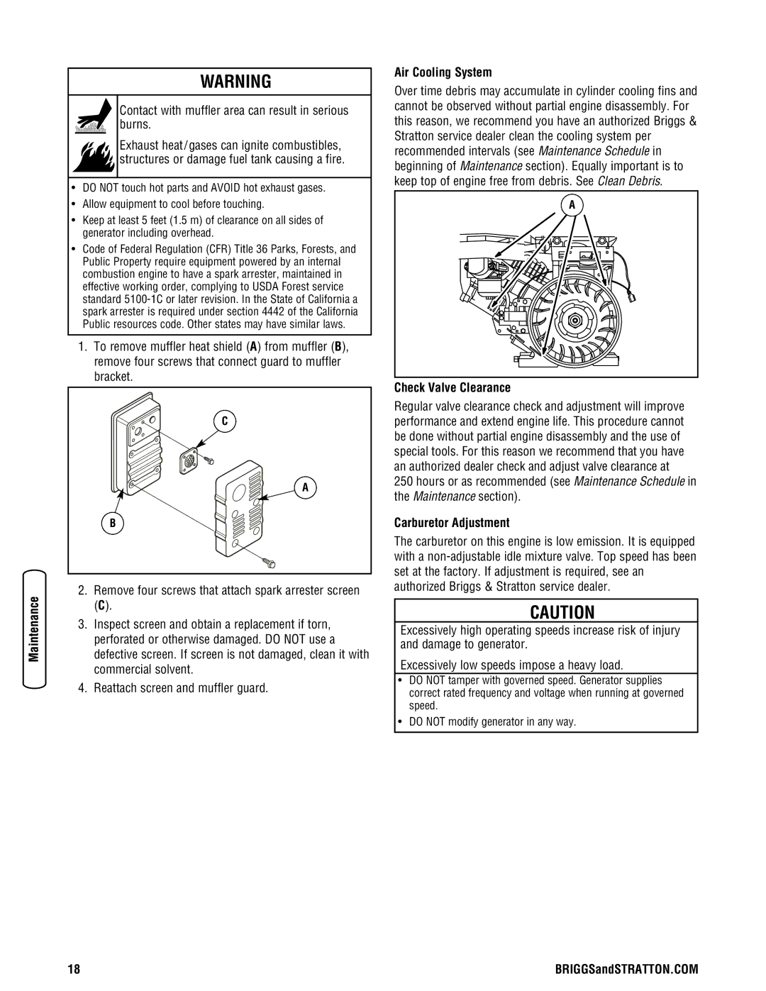 Briggs & Stratton 030333-0 manual Air Cooling System, Check Valve Clearance, Carburetor Adjustment 