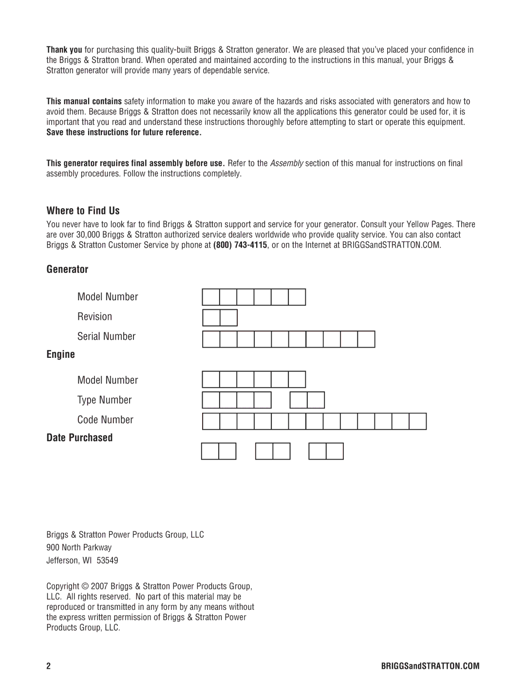 Briggs & Stratton 030333-0 manual Where to Find Us, Generator, Engine, Date Purchased 
