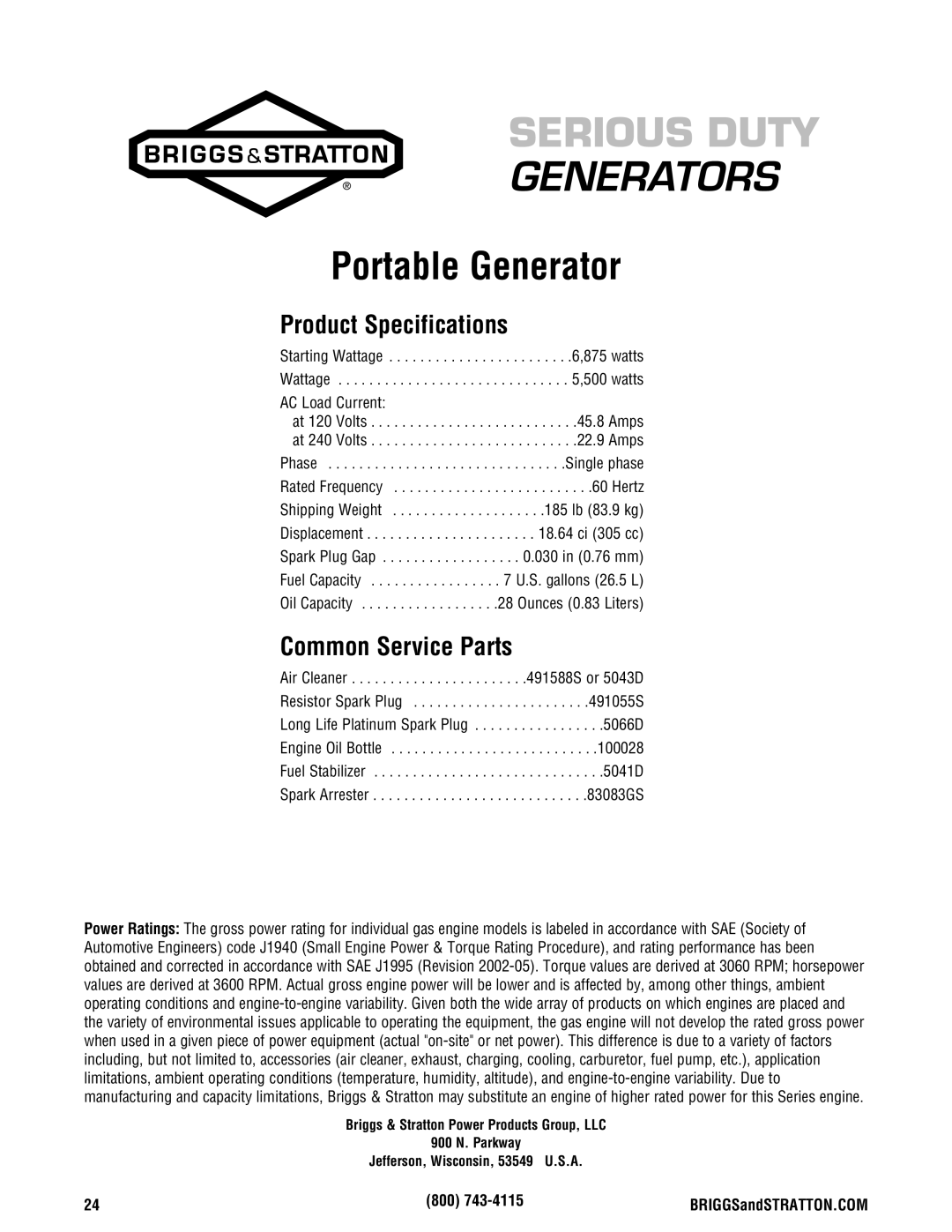 Briggs & Stratton 030333-0 manual Product Specifications, Common Service Parts, AC Load Current, 800 