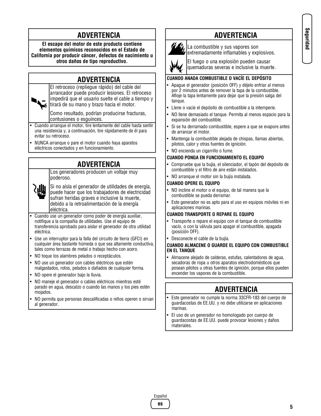 Briggs & Stratton 030333-0 manual Cuando Anada Combustible O Vacíe EL Depósito, Cuando Ponga EN Funcionamiento EL Equipo 