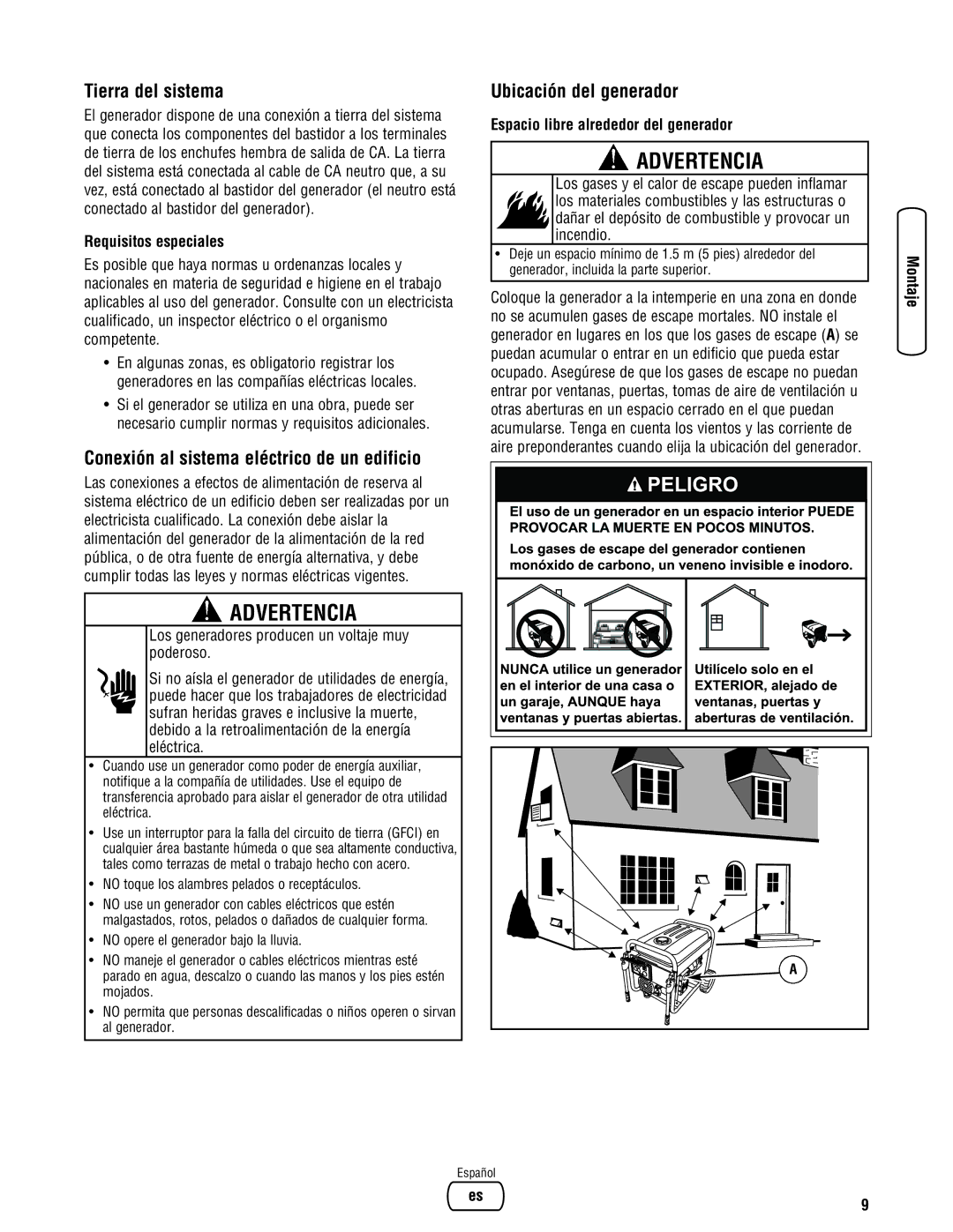 Briggs & Stratton 030333-0 manual Tierra del sistema, Conexión al sistema eléctrico de un edificio, Ubicación del generador 