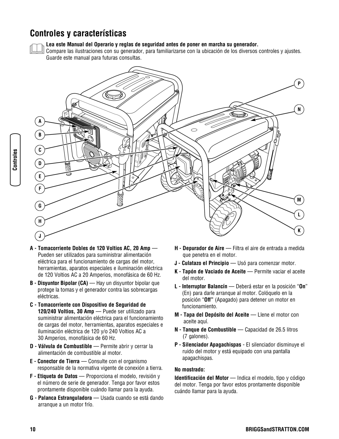 Briggs & Stratton 030333-0 manual Controles y características, Amperios, monofásica de 60 Hz 