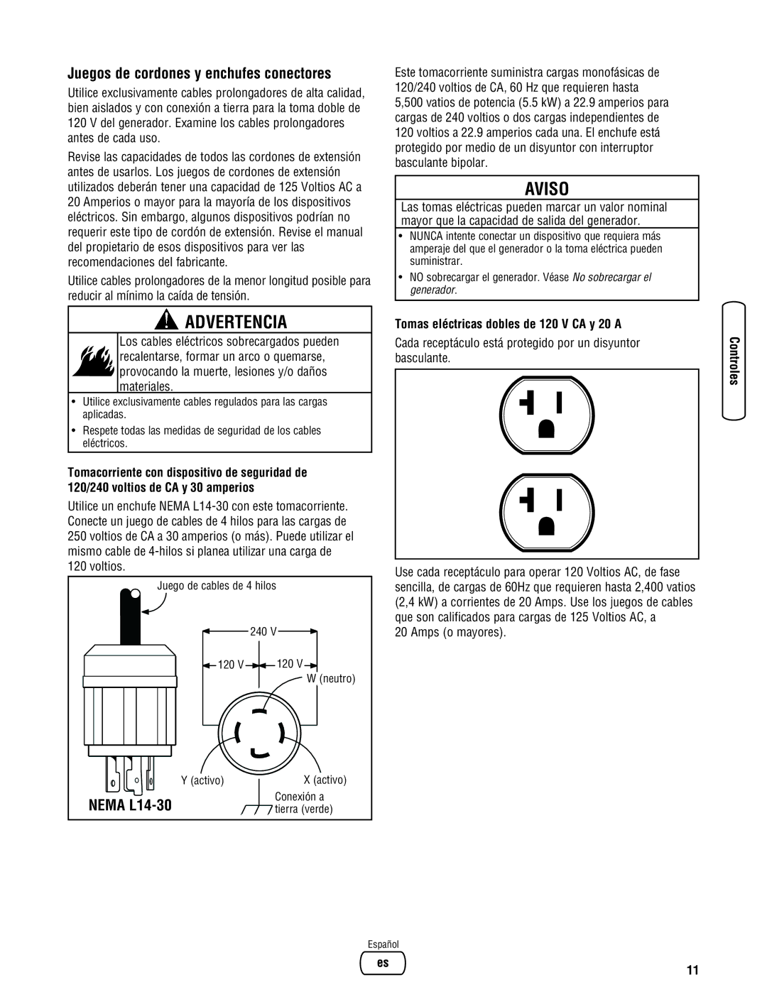 Briggs & Stratton 030333-0 manual Juegos de cordones y enchufes conectores, Tomas eléctricas dobles de 120 V CA y 20 a 