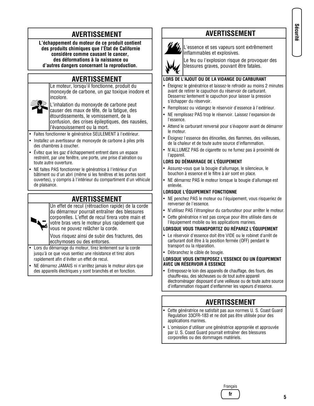 Briggs & Stratton 030333-0 manual Lors DE Lajout OU DE LA Vidange DU Carburant, Lors DU Démarrage DE Léquipement 