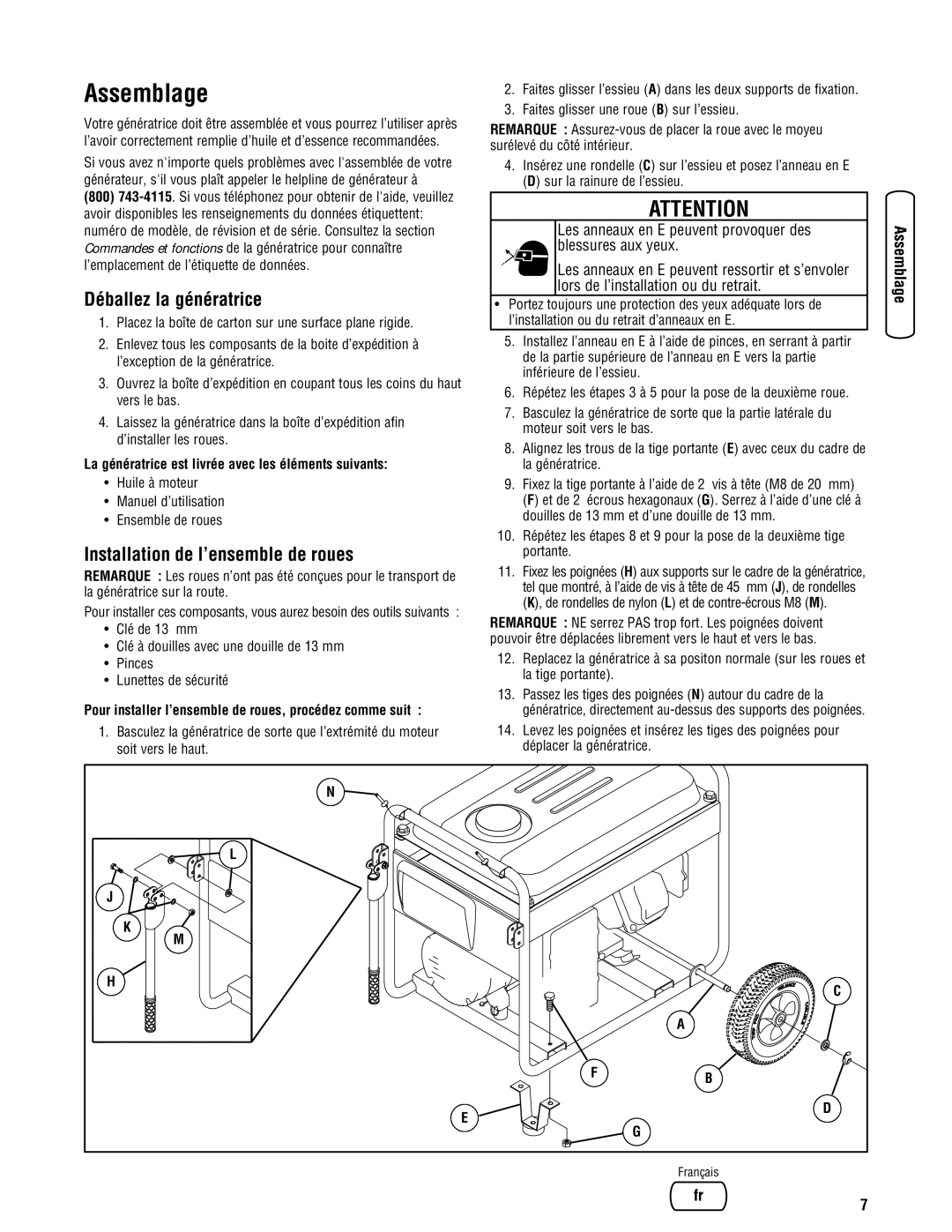 Briggs & Stratton 030333-0 manual Assemblage, Déballez la génératrice, Installation de l’ensemble de roues 