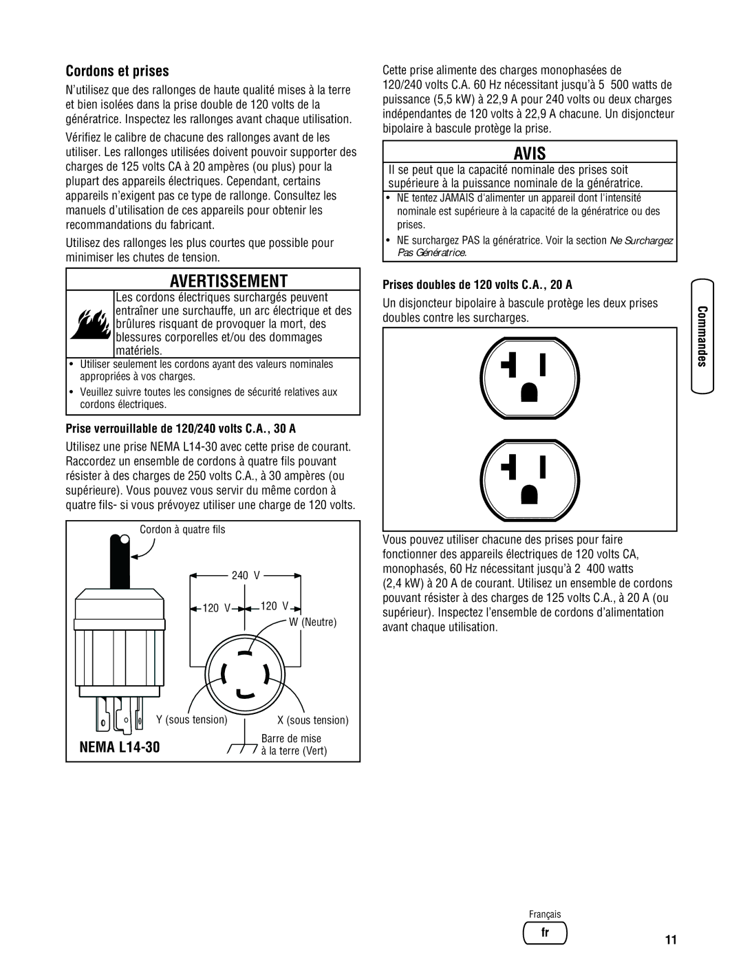 Briggs & Stratton 030333-0 manual Cordons et prises, Prise verrouillable de 120/240 volts C.A., 30 a 