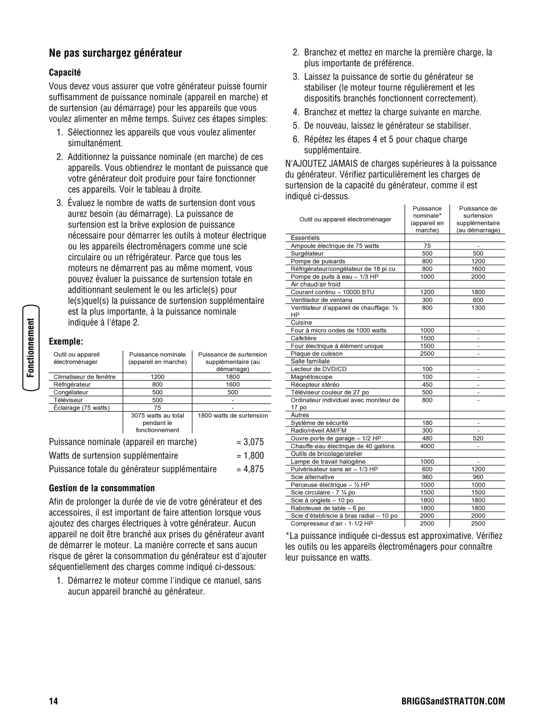 Briggs & Stratton 030333-0 manual Ne pas surchargez générateur, Capacité, Exemple, = 4,875, Gestion de la consommation 