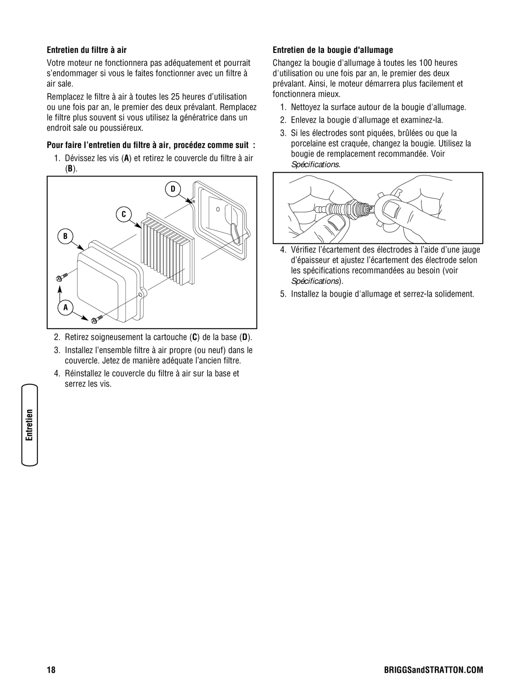 Briggs & Stratton 030333-0 manual Entretien du filtre à air, Entretien de la bougie dallumage 