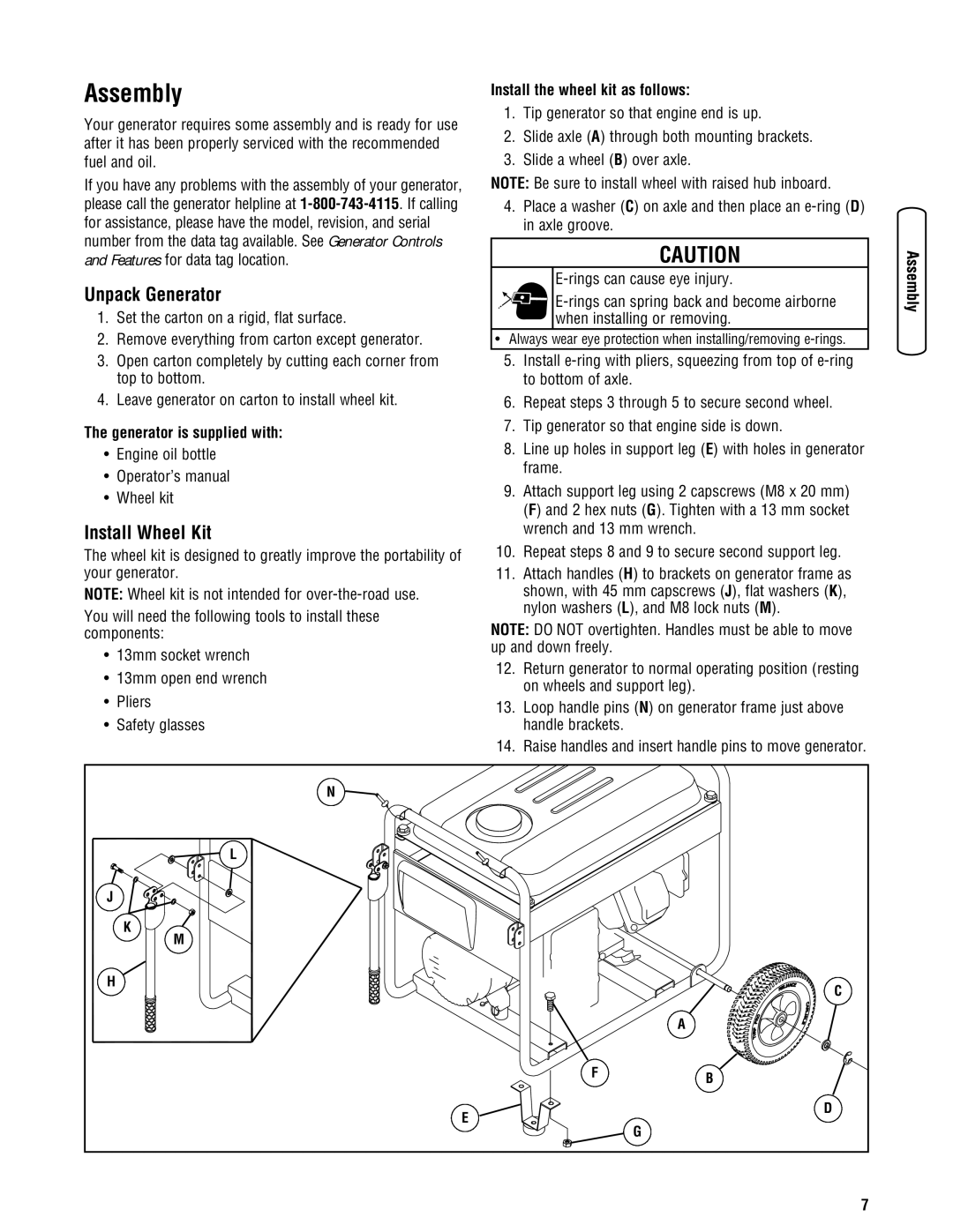 Briggs & Stratton 030333-0 manual Assembly, Unpack Generator, Install Wheel Kit, Generator is supplied with 