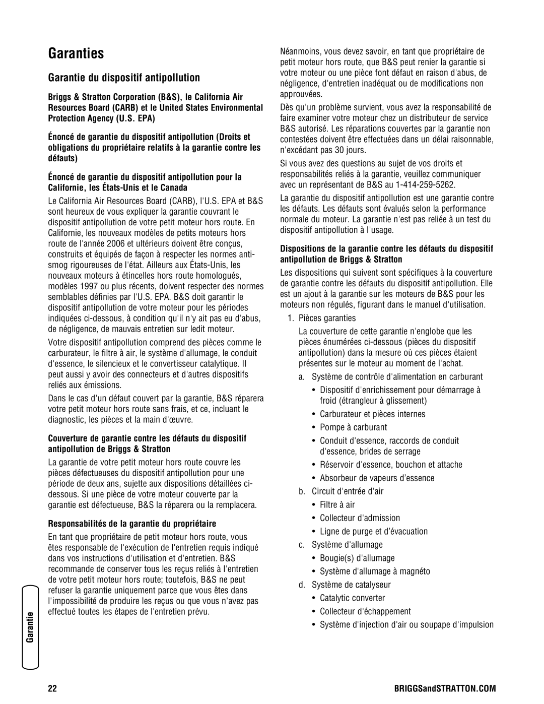 Briggs & Stratton 030333-0 Garanties, Garantie du dispositif antipollution, Responsabilités de la garantie du propriétaire 