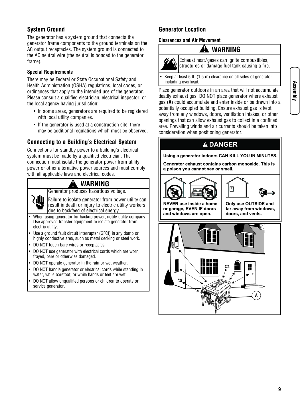 Briggs & Stratton 030333-0 manual System Ground, Connecting to a Building’s Electrical System, Generator Location 