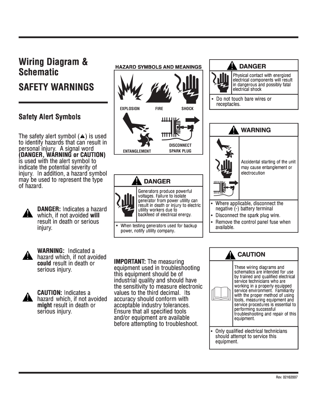 Briggs & Stratton 030334 manual Wiring Diagram & Schematic SAFETY WARNINGS, Safety Alert Symbols, Danger 
