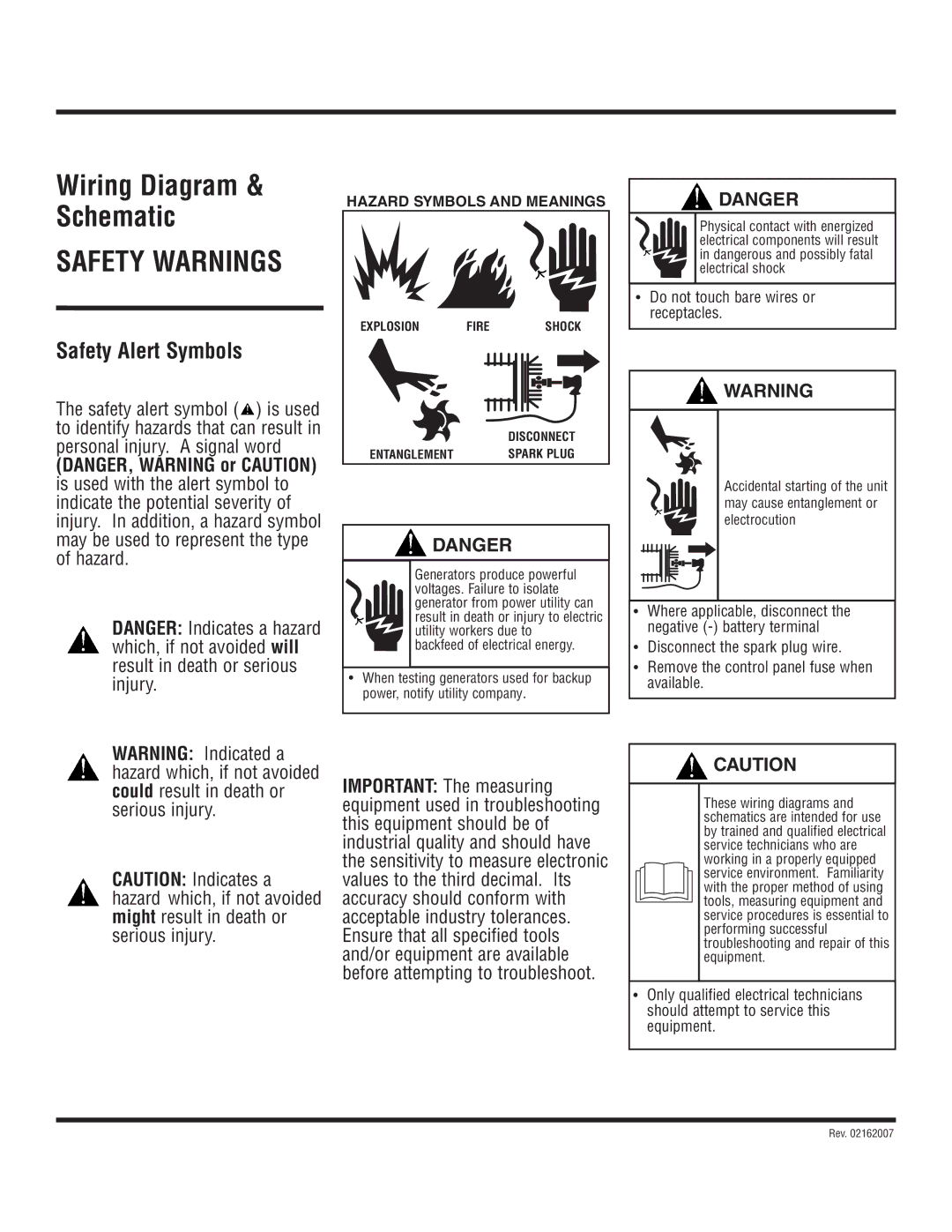 Briggs & Stratton 030334 manual Safety Warnings, Safety Alert Symbols, Hazard Symbols and Meanings 