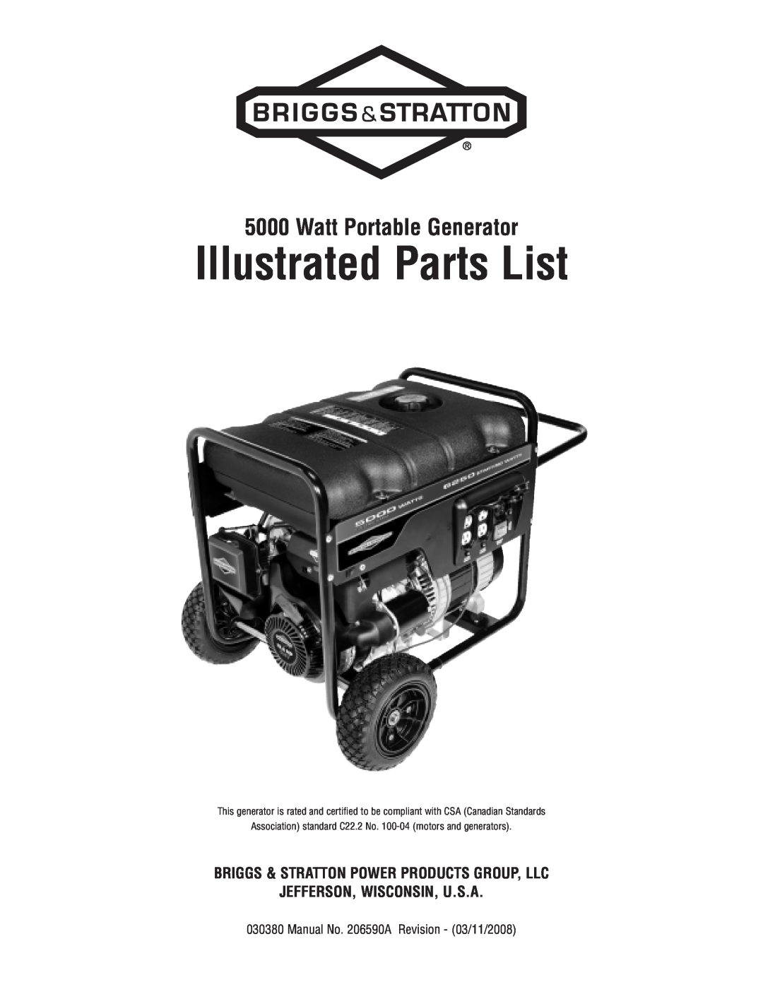Briggs & Stratton 030380 manual Watt Portable Generator, Illustrated Parts List, Jefferson, Wisconsin, U.S.A 