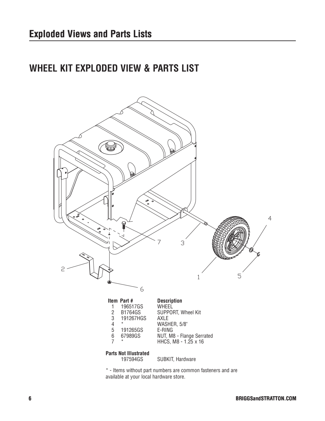 Briggs & Stratton 030380 manual Wheel Kit Exploded View & Parts List, Exploded Views and Parts Lists, Description 