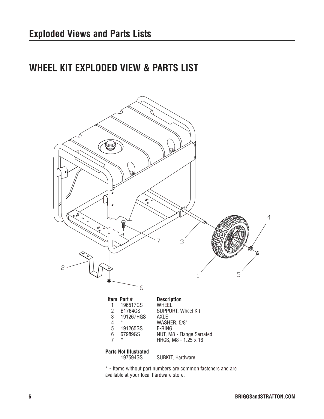 Briggs & Stratton 030380 manual Wheel KIT Exploded View & Parts List, Parts Not Illustrated 