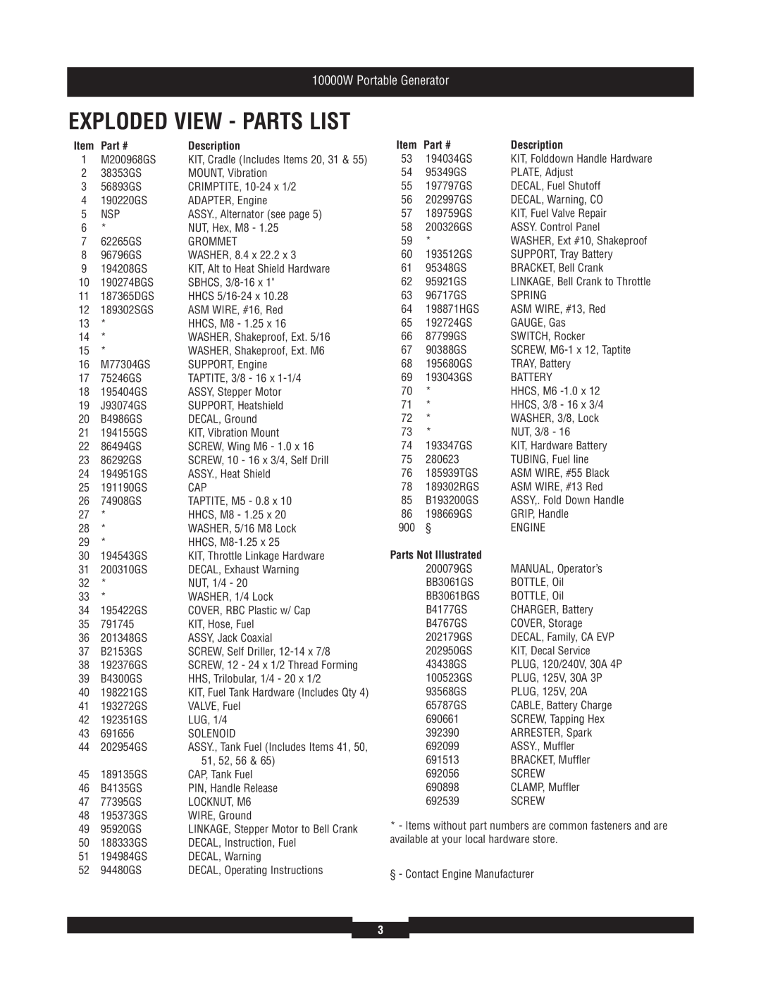 Briggs & Stratton 030384 manual Exploded View - Parts List, 10000W Portable Generator, Description, Parts Not Illustrated 