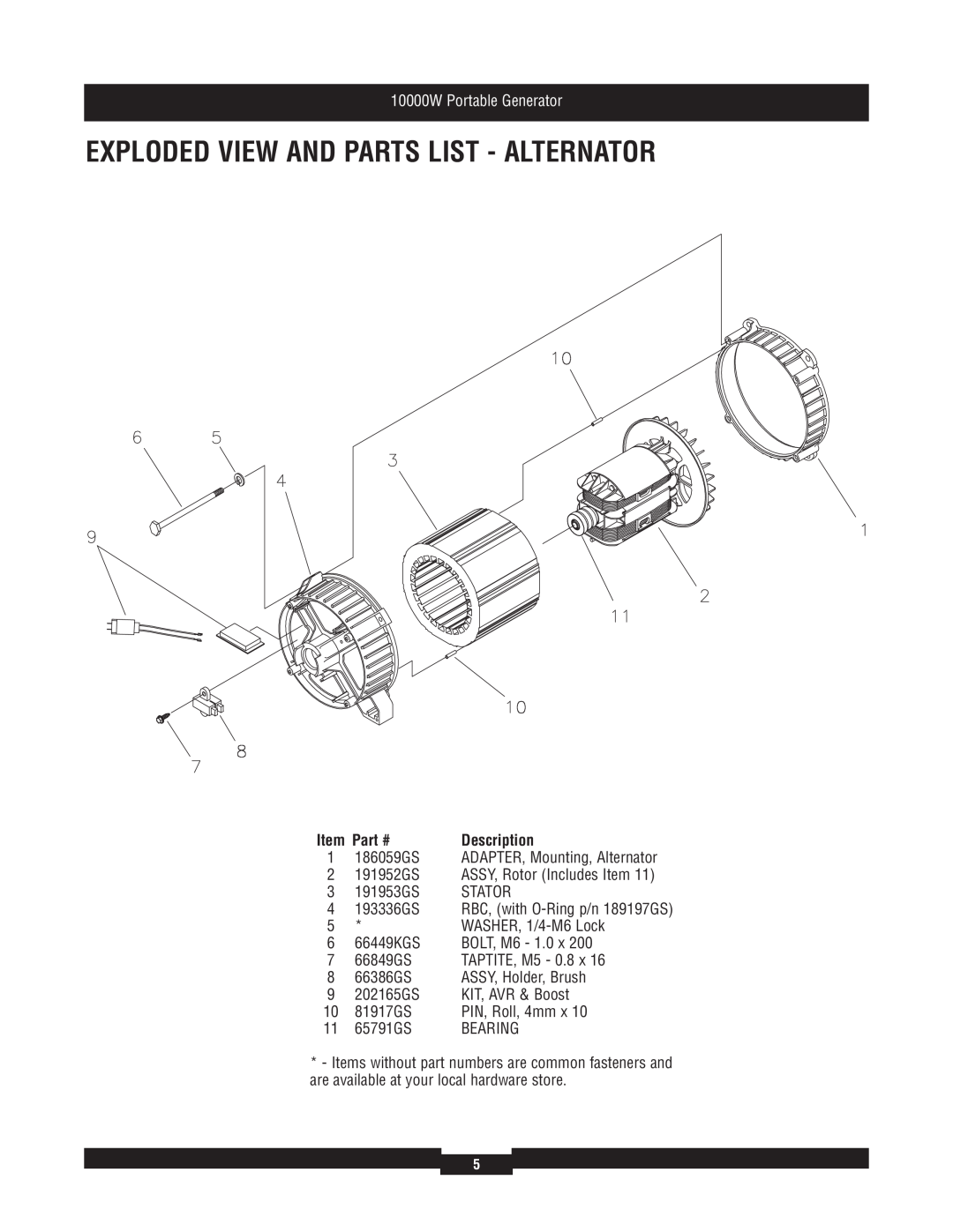 Briggs & Stratton 030384 Exploded View And Parts List - Alternator, 1 186059GS, 10000W Portable Generator, Description 