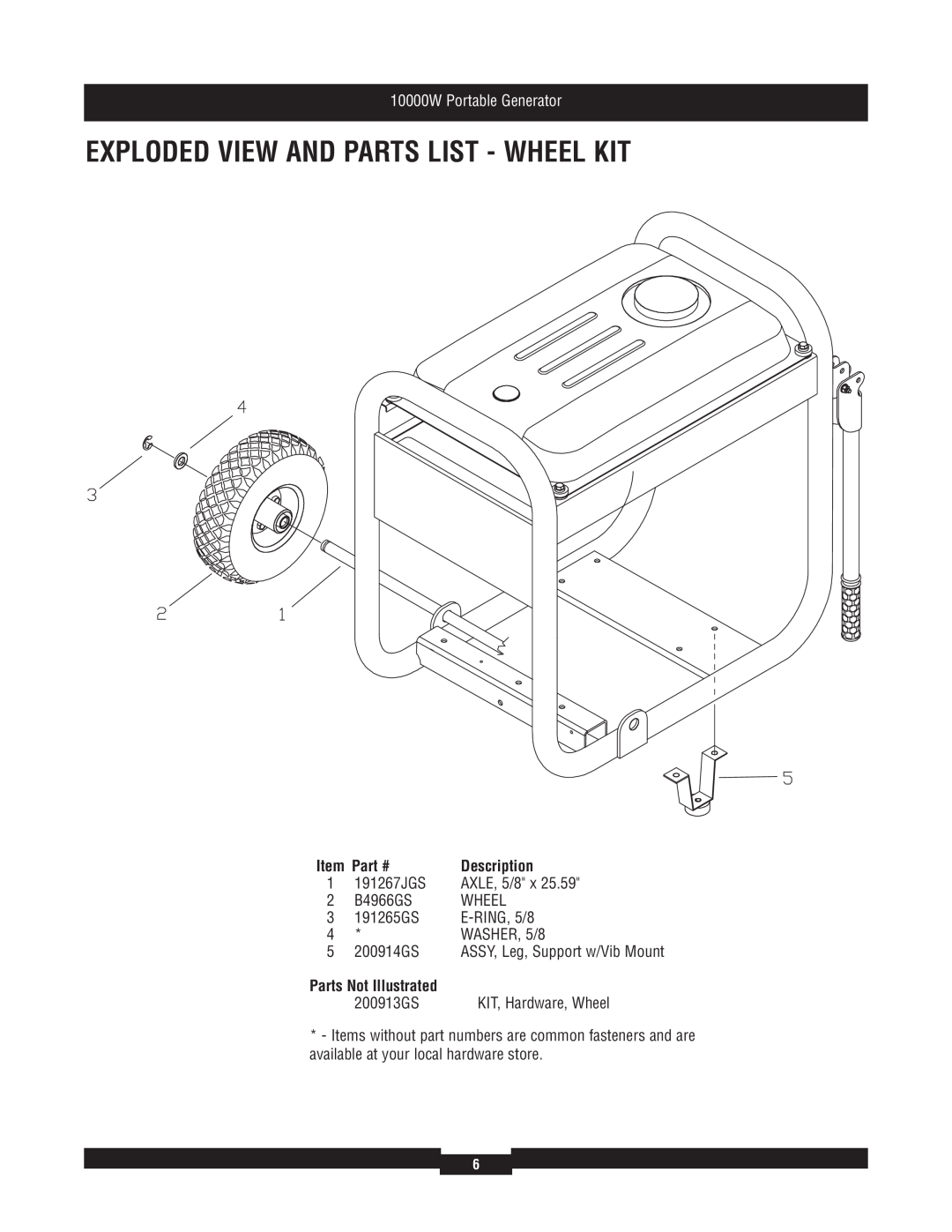 Briggs & Stratton 030384 manual Exploded View And Parts List - Wheel Kit, Parts Not Illustrated, 10000W Portable Generator 