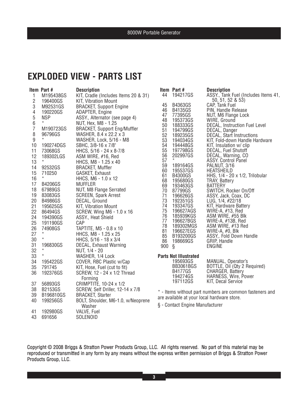 Briggs & Stratton 030385 manual Exploded View - Parts List, Parts Not Illustrated, 8000W Portable Generator 