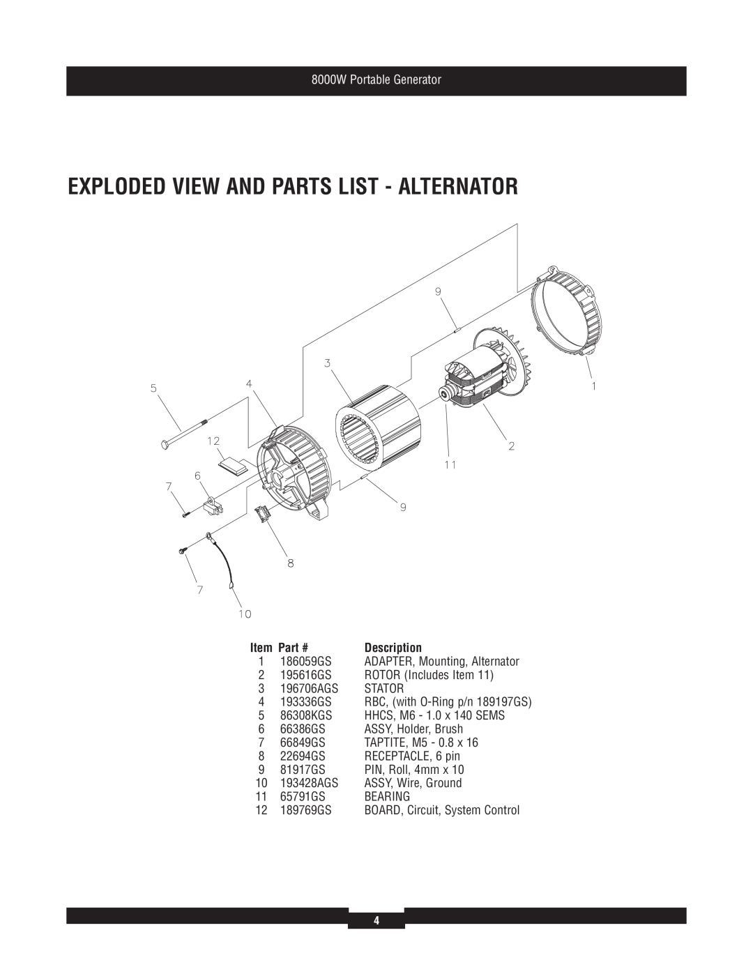 Briggs & Stratton 030385 Exploded View And Parts List - Alternator, Description, 1 186059GS, 8000W Portable Generator 