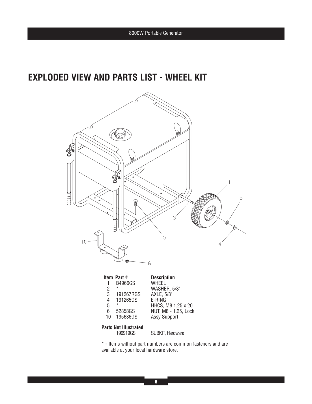 Briggs & Stratton 030385 manual Exploded View And Parts List - Wheel Kit, 8000W Portable Generator, Description 