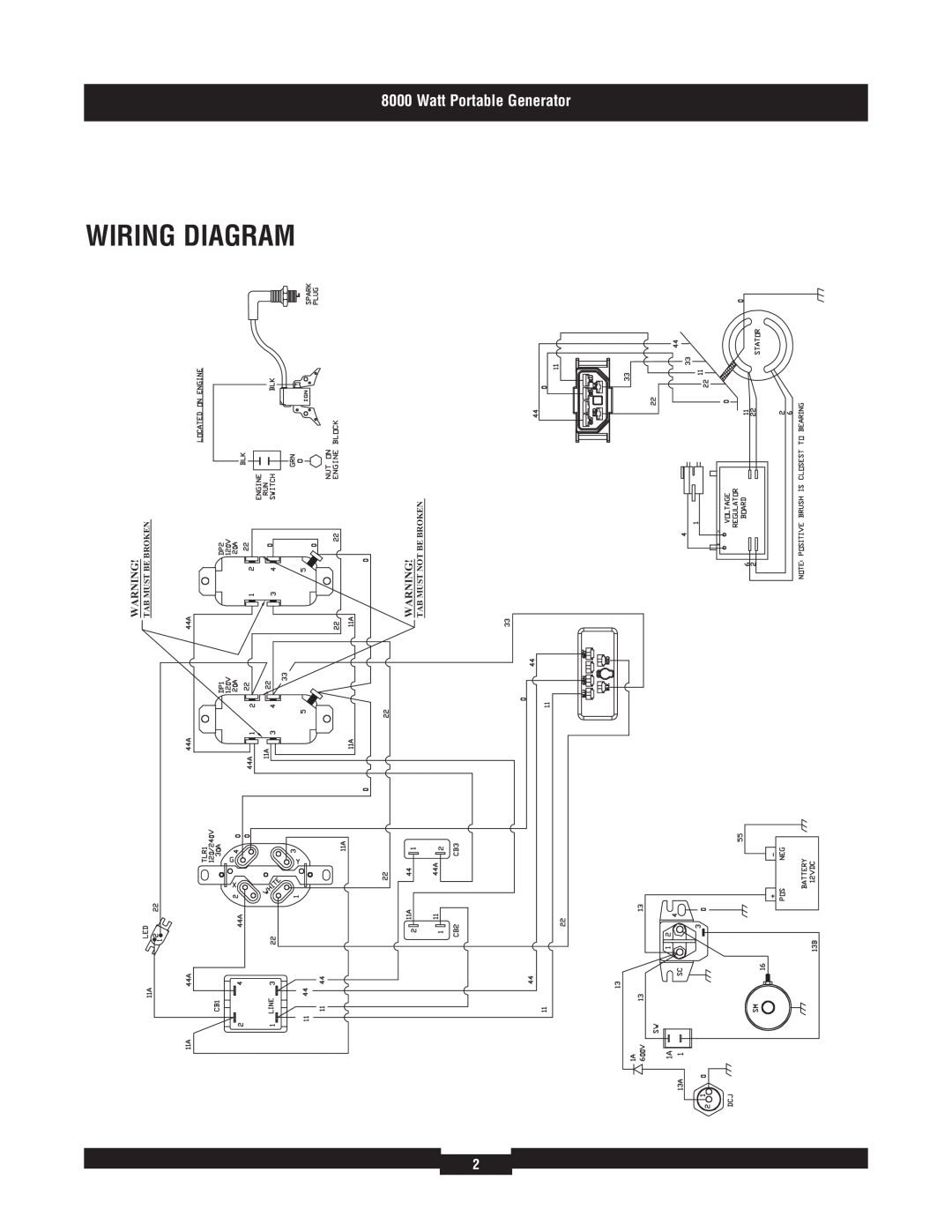 Briggs & Stratton 030426 manual Wiring Diagram, Watt Portable Generator, Warning! Tab Must Not Be Broken 