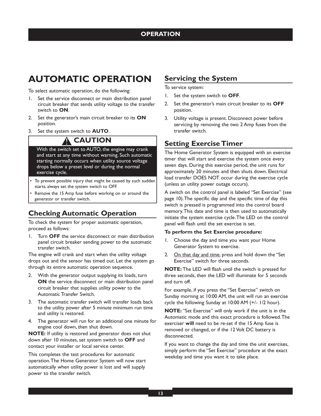 Briggs & Stratton 040213, 040212, 040229 Servicing the System, Checking Automatic Operation, Setting Exercise Timer 